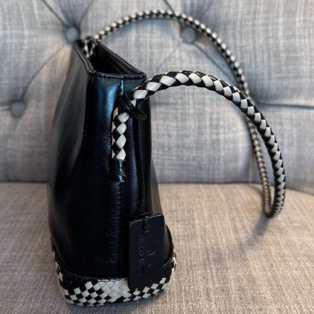 Etienne Aigner Black and Cream Woven-Trim Hobo Bag - Picture 5 of 9